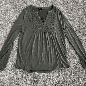 Lucky Brand Green Smocked V-Neck Babydoll Long Sleeve